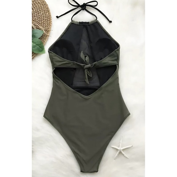 Cupshe Olive Green Black Mesh Colorblock Halter One Piece Swimsuit Cutout Back L - Picture 5 of 5